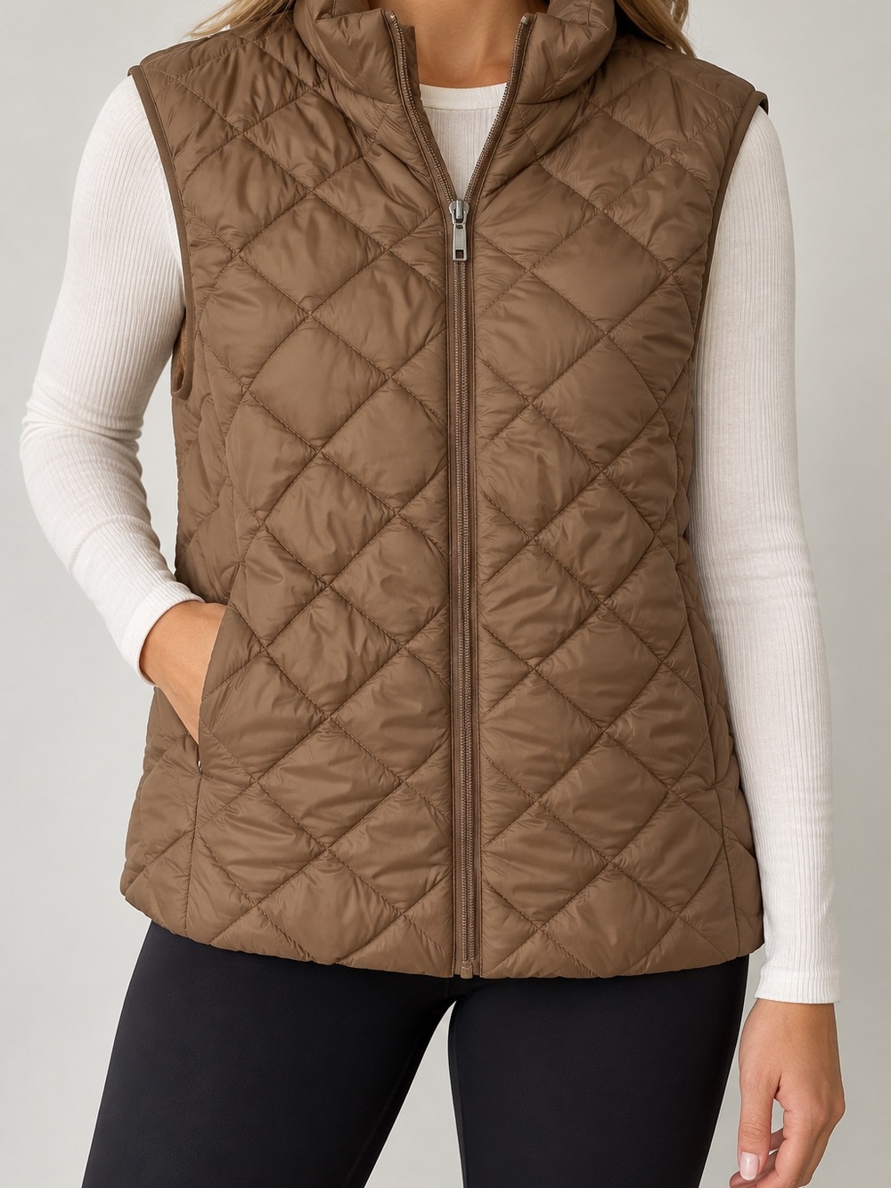 Quilted Brown Sleeveless Puffer Vest